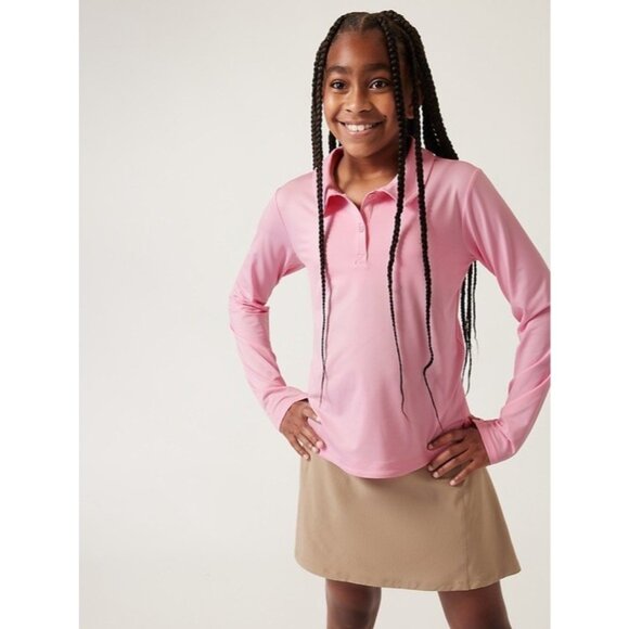 Athleta Girl Polo School Day Long Sleeve Medium 8/10  Peite Four Pink - Picture 1 of 4